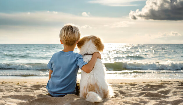 A little boy sits on the beach with his dog, best friends
