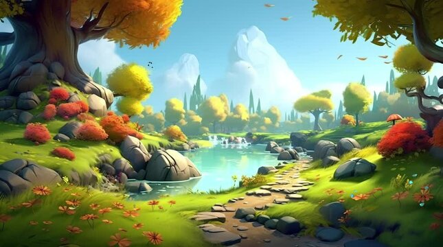 Autumn Landscape: Trees by the River in Vibrant Colors Seamless looping 4k time-lapse virtual video animation background. Generated AI
