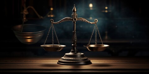 Justice concept. A balance scale in a dark court room. - obrazy, fototapety, plakaty