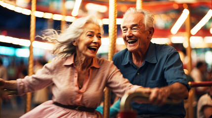Elderly couple having a great time and laughing on a carousel ride, showing timeless joy