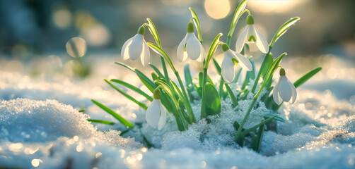 First Snowdrops emerge from the snow in a sunny day