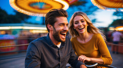 Dynamic shot of a man and woman laughing while enjoying an amusement park ride