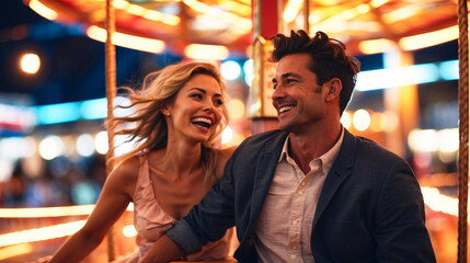 Attractive couple engaging in light-hearted flirtation on a carousel, surrounded by evening lights - obrazy, fototapety, plakaty