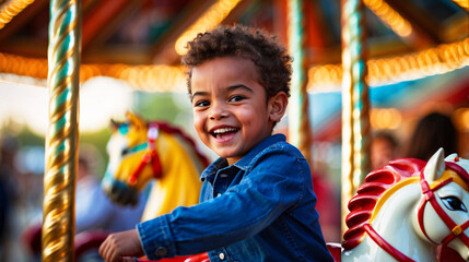 Portrait of a young boy with a beaming smile riding on a carousel horse