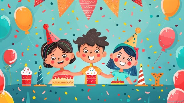 Children Celebrating Another Year Together in a Vibrant Birthday Party Illustration