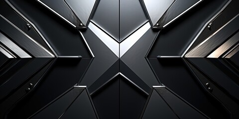Metal shield, Metal barrier. Tough metal. Chrome, titanium, metallic metal components forming a X braced shield. Abstract background. complex interlocking system background.