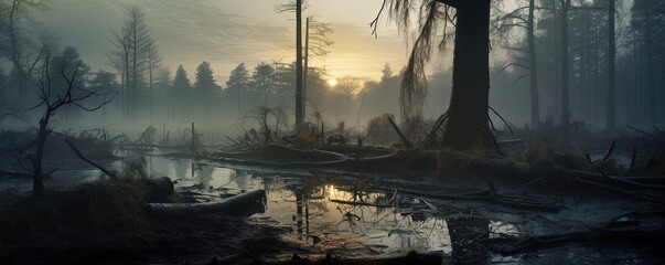 misty morning in forest swamp - obrazy, fototapety, plakaty