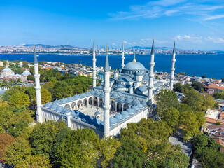 Beautiful drone view of the Blue Mosque or Sultanahmet Mosque on a bright sunny day, Istanbul, Turkey.