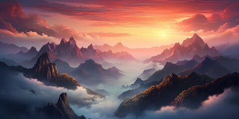 Nature's canvas painted with a fiery sunrise over a rugged mountain range, blanketed in a mystical fog and framed by the ever-changing sky - obrazy, fototapety, plakaty