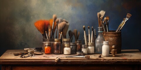 Oil painting preparation. Old painting brushes and equipment on an old painters desk.