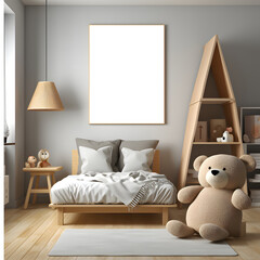 Cozy Children's Bedroom with Wooden Furniture,white walls,dolls,bed with Interior Mockup with one white photo frame in the background