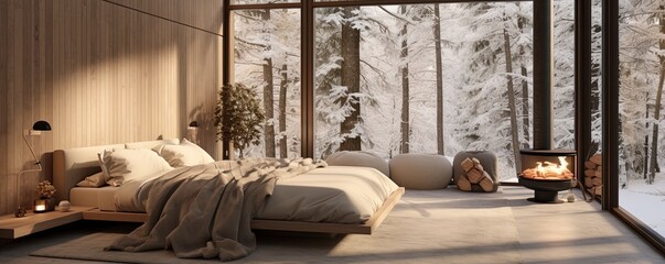 On a winter day, the bedroom bathed in warm sunlight streaming through the large windows offers a...