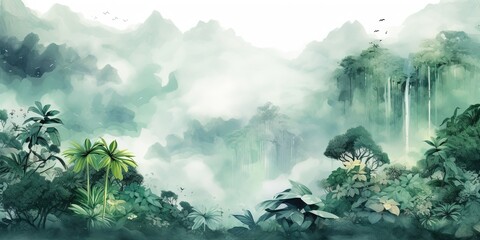 Rainforest, ecology, nature, bio-diversity background. Water color drawing of tropical rain forest.