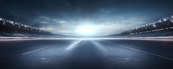 Race Track Arena with Spotlights. Empty Racing track with grandstands, shooting in the middle of the racing track and starting point