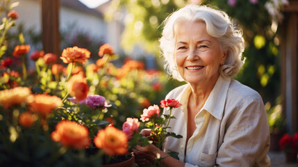 An elderly woman enjoying gardening among colorful flowers, conveying a sense of growth, nurturing, and the joy of retirement