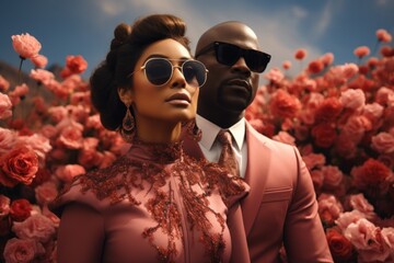 Elegant couple in formal attire surrounded by roses, with a romantic and luxurious vibe