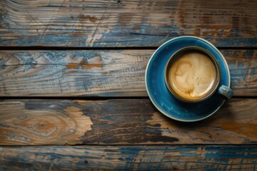 A coffee cup sits on a wooden table. The cup is filled with coffee and has a brownish color. The wooden table has a rustic and natural feel to it.