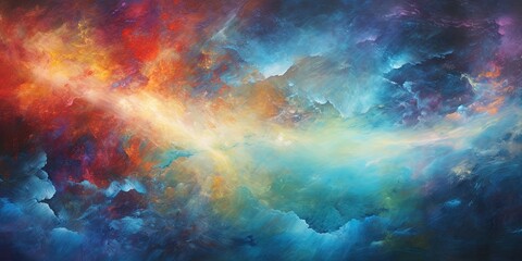 Richly colored and textured abstract artwork displaying a nebulous cosmic landscape filled with wonder - obrazy, fototapety, plakaty