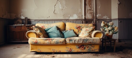 An old, worn couch with a pillow on it is placed in a room with peeling paint on the walls. The setting appears to be a Soviet apartment interior from the 90s, showcasing a nostalgic design aesthetic.