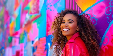 Vibrant African-American girl with curly hair and a radiant smile, leather jacket adding edginess, against a colorful mural perfect for copyspace.