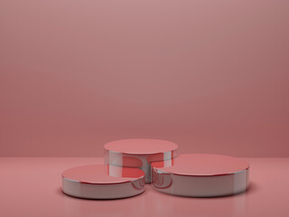 Set of three round pink polish glossy pedestals for cosmetic products as mockup on pink background. Scene for presentation skin care products, gifts,  advertising, sale, showing in elegant style.