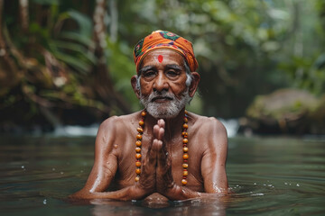 Senior Man's Aqua Yoga Practice.,Active elder people, Adventure