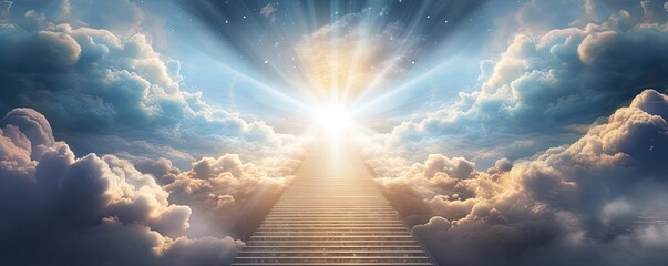 Stairway through the clouds to the heavenly light