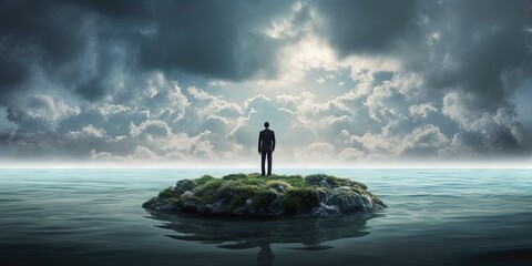 Standing alone concept with sad businessman standing alone on tiny island in the middle of the ocean