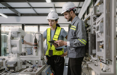 Hispanic engineer team working at electronic and robotics development engineering laboratory. Smart...