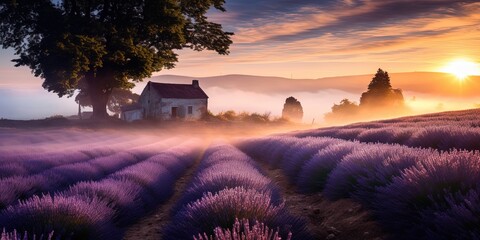 Sunrise brings a mystical mist over the tranquil lavender fields with a cottage highlighted against...