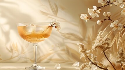 Elegant Golden Cocktail in an Exquisite Glass Surrounded by Botanicals and Set Against a Soft Beige Background for a Refined Cocktail Party