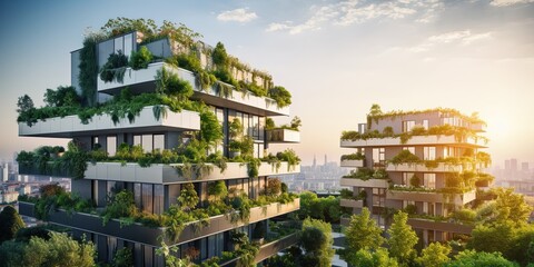 Sustainable green building in modern city. Green architecture. Eco-friendly building. Sustainable residential building with vertical garden reduce CO2. Apartment with green environment.