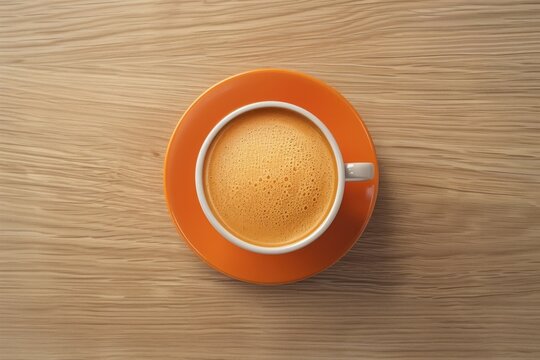 A cup of coffee sits on an orange plate on a wooden table. The coffee is hot and steaming, and the cup is filled to the brim. Concept of warmth and comfort