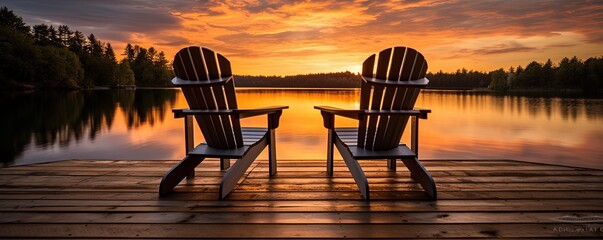 Two wooden chairs on a wood pier overlooking a lake at sunset