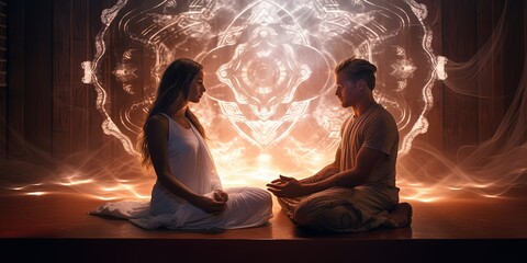 Two individuals deep in meditation with spectacular light and energy illumination inside a room