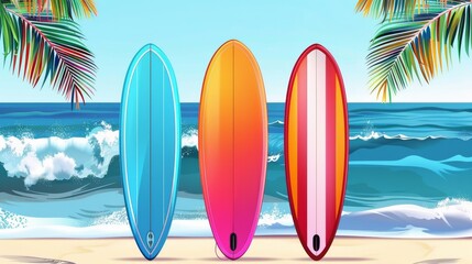 Fototapeta na wymiar Colorful surfboards, summer vibes in vector