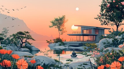 Meditation at Sunset Serene Modern House Overlooking a Peaceful Lake