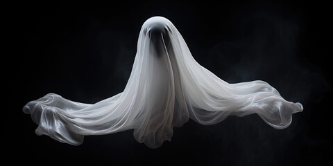 White ghost floating on black background
