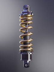 3d rendered image of a modern vehicle shock absorber with metallic finish against a gradient background - 755494981