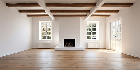 White room with wooden flooring and ceiling beams. fire place on right. wide format.