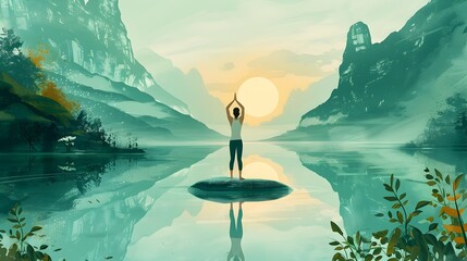 Yoga Retreat Invitation Tranquil Lake Island Scene with Person Raising Arms in Salutation Under Serene Sunset