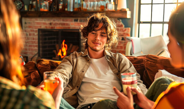 Relaxed young man with friends by the fireplace, cozy evening