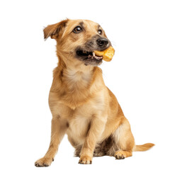 dog full body chewing eating snack treat on transparency background PNG
