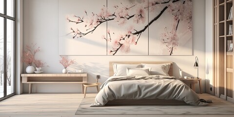 A calming bedroom oasis featuring a cherry blossom mural, creating a harmonious space that blends nature with modern design
