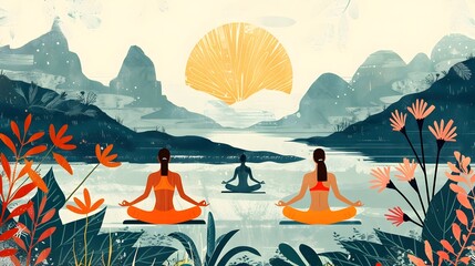 Modern Illustrated Yoga Retreat Invitation Tranquil Scenes and Cohesive Color Theme Inspire Wellness