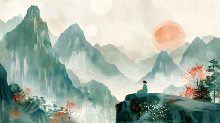 Chinese Landscape with Meditating Woman at Sunset Conveying Traditional Cultural Themes in Ink Painting Style