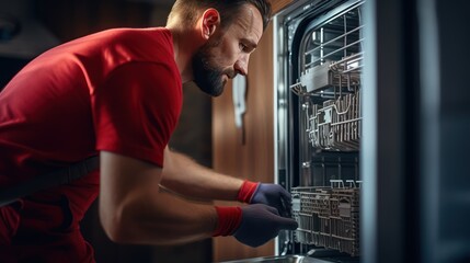 A Side View Young Handyman Repairing Dishwasher, Changing Siphon, Wearing Red Workwear Overalls. Confident Professional Handyman Ar Home ,Focused On Work Alone, In Kitchen. - obrazy, fototapety, plakaty