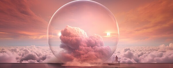A dreamy, surreal atmosphere fills the room as a glass sphere containing pink clouds sits in the corner, inviting one to explore a fantastical world of wonder - Powered by Adobe