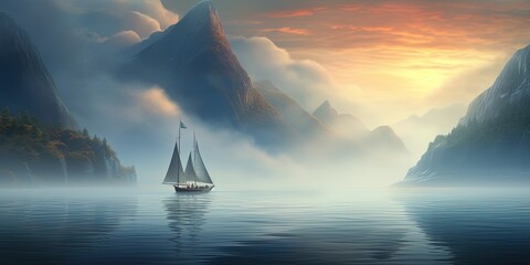 A dreamy scene featuring a sailboat gliding through a mist-covered fjord during a serene sunrise - obrazy, fototapety, plakaty