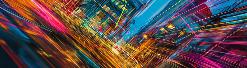 A dynamic explosion of color and light streaks across the canvas, capturing the vibrant energy of motion